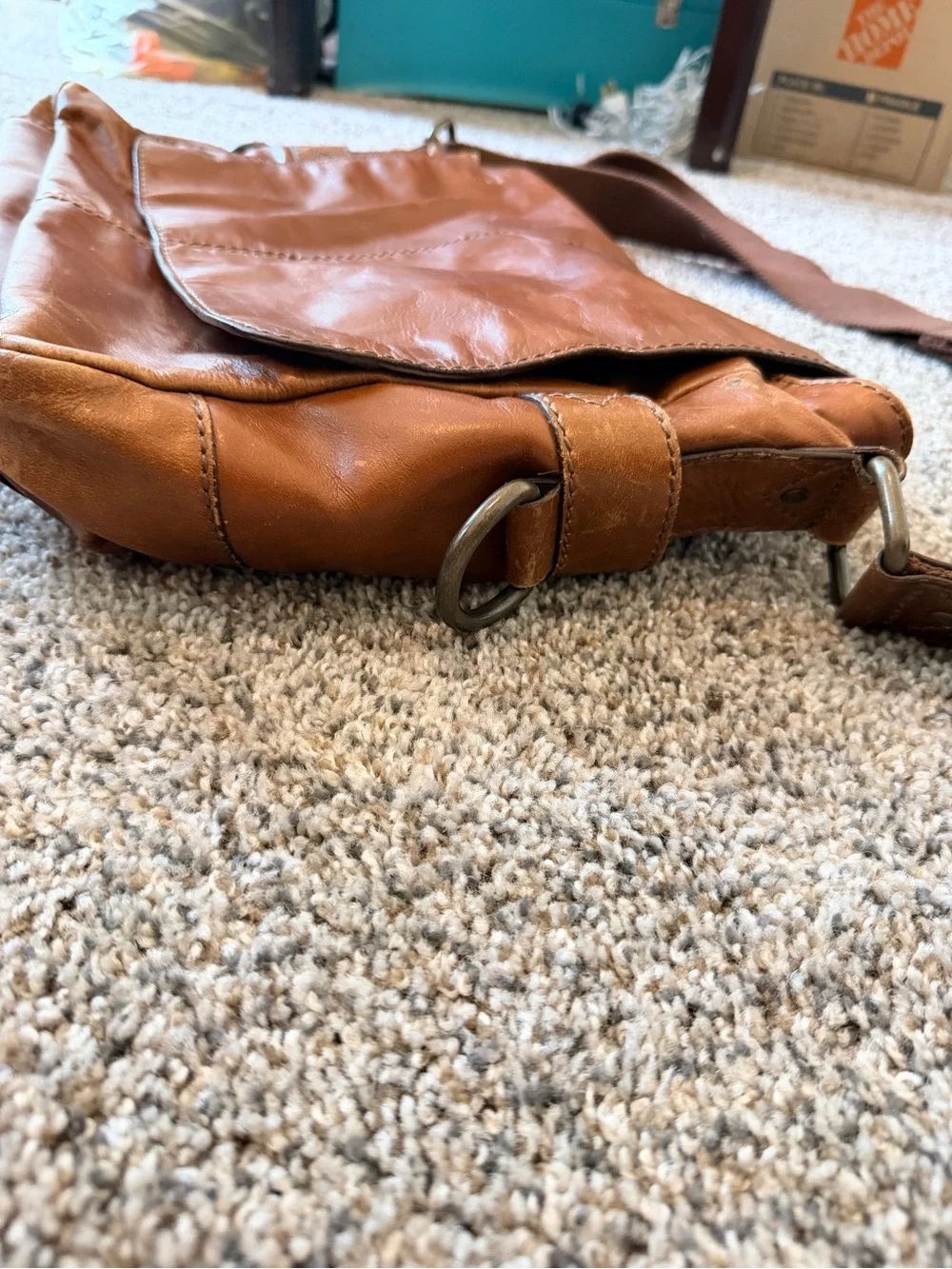 Fossil Cognac Brown Leather Messenger Bag with Adjustable Strap